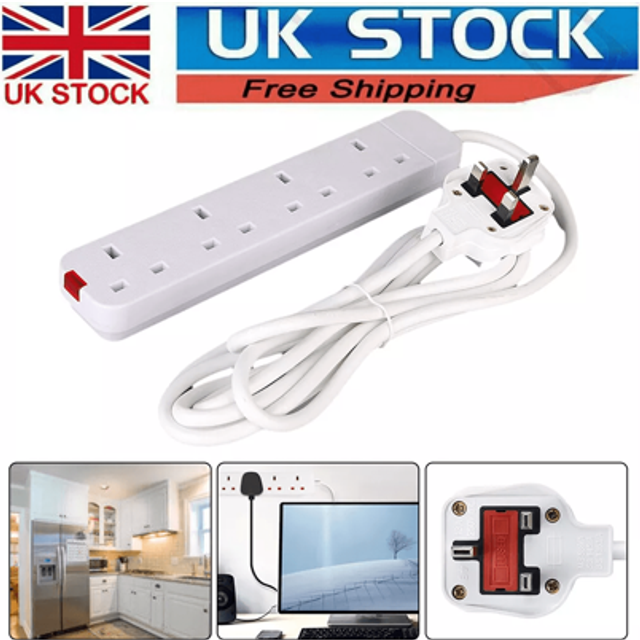SHEIN 4/6 Gang Way 3M White Extension Lead Cable Electric Plug Socket Mains Power UK