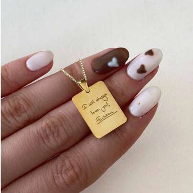 SHEIN Custom Handwriting Box Chain Necklace, Actual (Your Own) Handwriting, 14k Gold Engraved Pendant, Personalized Signature Jewelry, Perfect Gift,Suitable