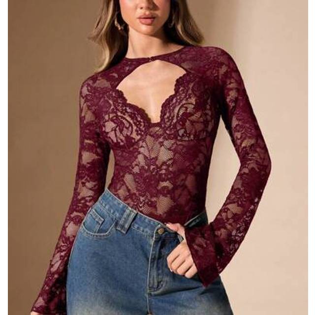 SHEIN Black Solid Color Sexy Minimalist Elegant Sheer Lace Metal Decor Square Neck Long Sleeve Bodysuit For Women, Suitable For Cocktail Party, Romantic Dat