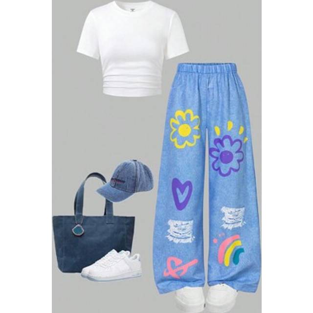 SHEIN 2pcs/Set Tween Girls Fitted Ruffle Short Sleeve Crew Neck T-Shirt And Loose Denim Effect Pants Set