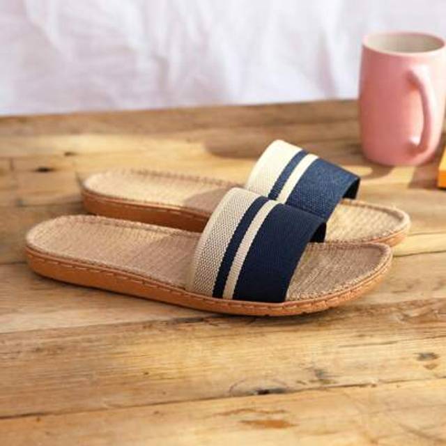 SHEIN Men&#39;s Summer Beach Vacation Couple Linen Slippers, Women&#39;s Indoor Non-Slip Home Slippers, Multi-Color Stitching