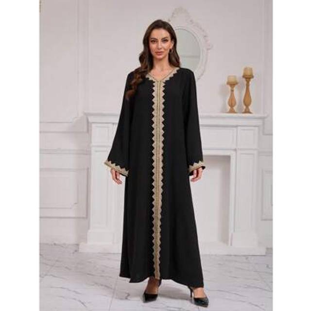 SHEIN Eid Collection Black Robes In The Middle East With Simple Lace Trims, Tailored And Form-Fitting, Dubai-Style Women&#39;s Dress., Modest Kaftan