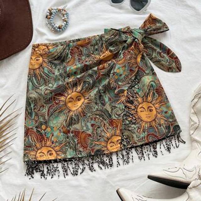 Soleia Vintage Sun Element Print Beaded Tassel Side Tie Waist Boho Linen Skirt, Suitable For Vacation, Music Festival, Bohemian, Holiday, Afternoon Tea Date,