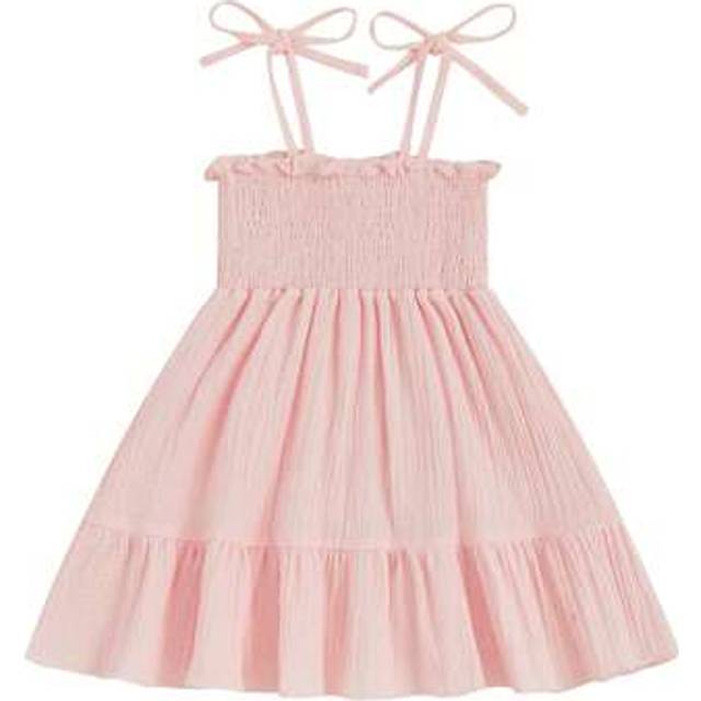 SHEIN Little Girl Tie Shoulder Dress Solid Smocked Spaghetti Strap Tiered Ruffled Dress Cute Summer Casual Sundress Clothes