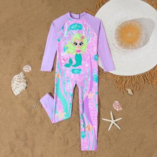 SHEIN 1 Piece Girls Cartoon Print Long Sleeve One-Piece Swimsuit, Adorable Young Girl Vacation Swimwear