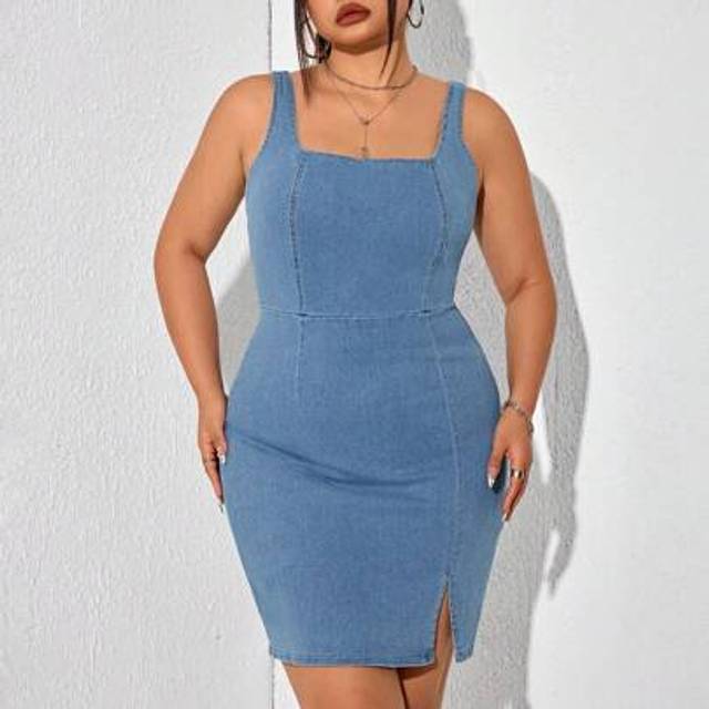 SHEIN Plus Size Denim Overall Dress, Fashionable Tank Top Style For Summer