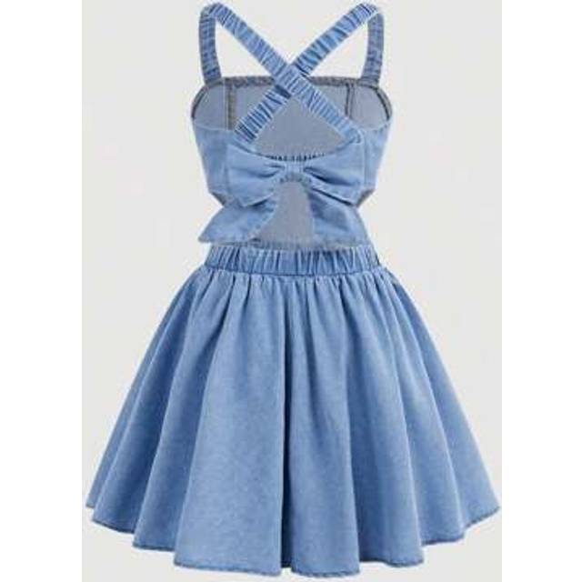 SHEIN Tween Girl Cool And Cross Back Woven Solid Color Sleeveless Backless Bowknot Tie Denim Dress, Spring/Summer,Girls Summer Beach Boho Rave Concert Outfi