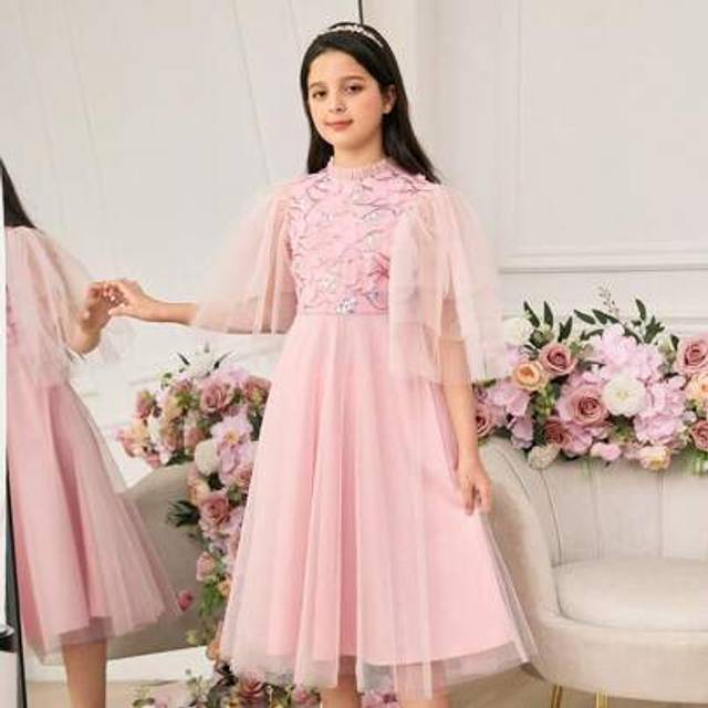 SHEIN Tween Girls&#39; Elegant Pink Sequin Floral Mesh Short Sleeve Dress, Summer