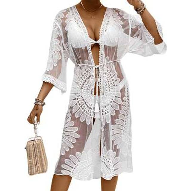 SHEIN Women Bikini Cover Up Floral Embroidery See-Through Lace Beach Kimono For Swimsuit Bathing Suit Summer Clothes