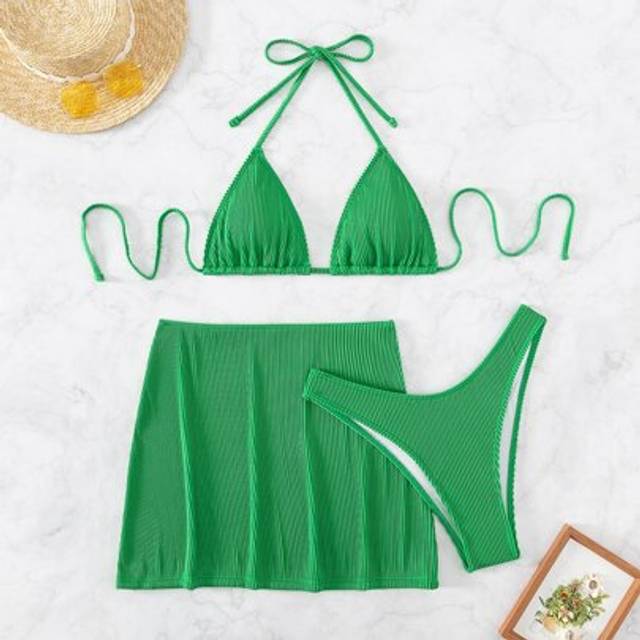 SHEIN Summer Beach Ribbed Bikini Set Halter Triangle Bra & High Cut Bottom & Beach Skirt 3 Piece Bathing Suit