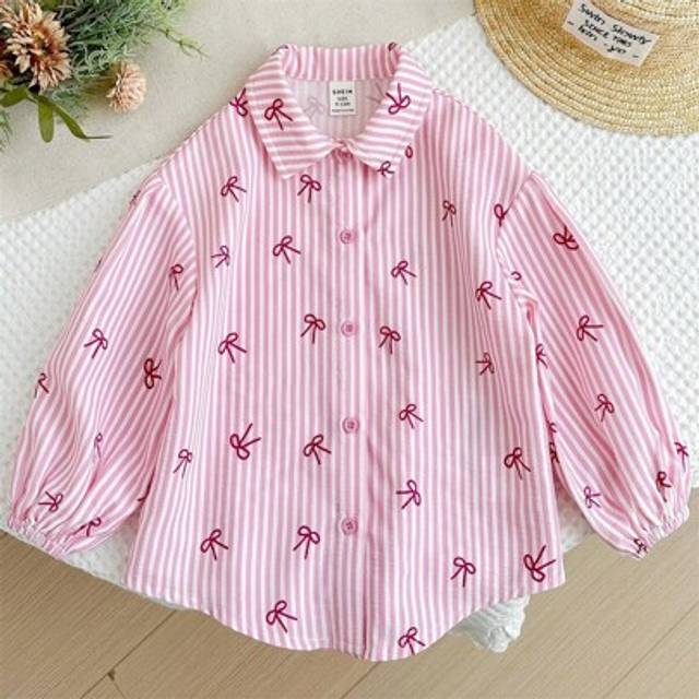SHEIN LMoss  Baby Girl Woven Stripe Pattern With Bow Decor Casual Shirt Baby Shirts For Girls Baby Girl Summer Shirts