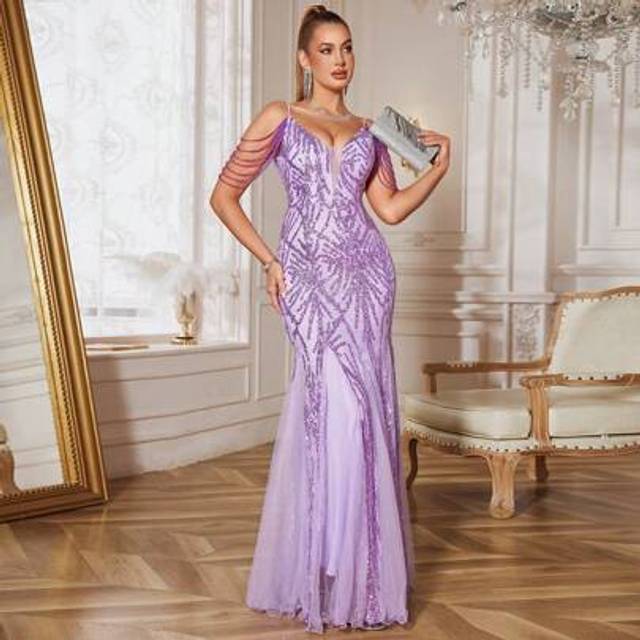 SHEIN New Sleeveless Purple Mermaid Sequin Backless Beaded Party Dress, Sexy Formal For Graduation, Anniversary, Birthday, Prom, Wedding Guest, Spring/Summe
