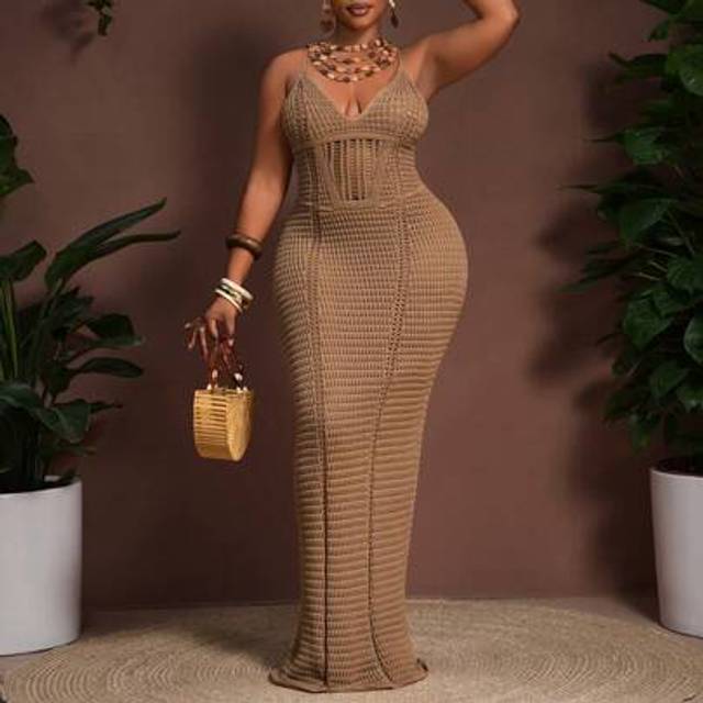 Slaydiva 2025 Spring/Summer New Boho Vacation Casual Party Khaki Knitted Hollow Mesh Camisole Midi Dress, Plus Size