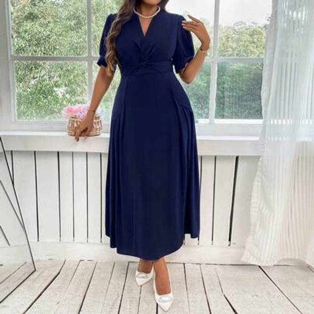 SHEIN Curve Plus Size Women&#39;s Romantic Daily Elegant Navy Blue V-Neck Twisted Puff Sleeves Short Sleeves Waisted A-Line Long Dress,Graduation Dress,Wedding