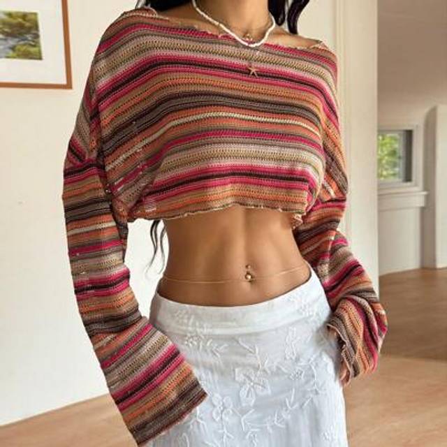 SHEIN Women&#39;s Summer Vacation Colorful Crochet Striped Long Sleeve T-Shirt, Suitable For Vacation Wear