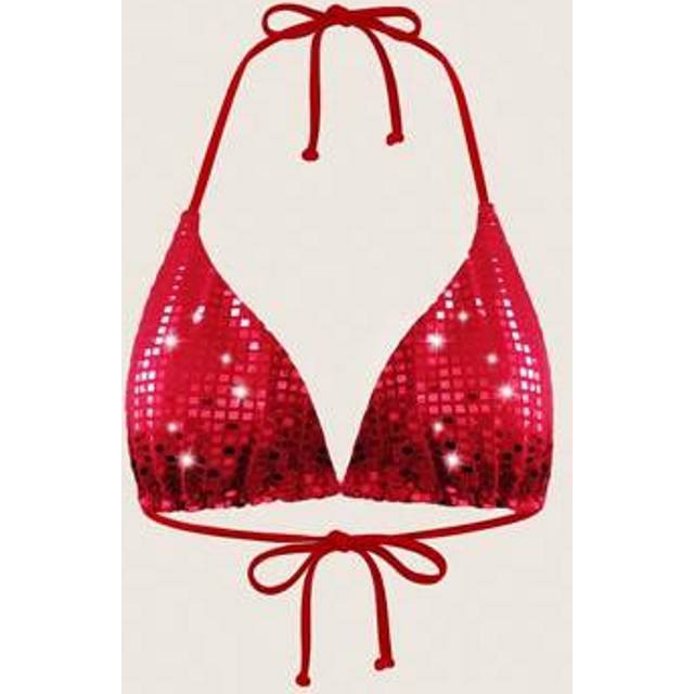 SHEIN 2025 Women Sexy Halter Neck Tie Strap Sequin Bikini Top For Beach Resort Summer