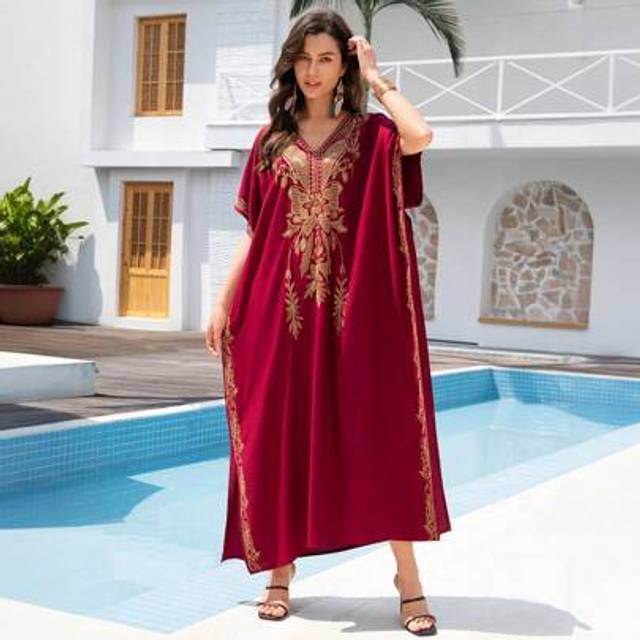 SHEIN Red Embroidered Women&#39;s Dubai Abaya Short Sleeve Casual Dresses, Kaftan