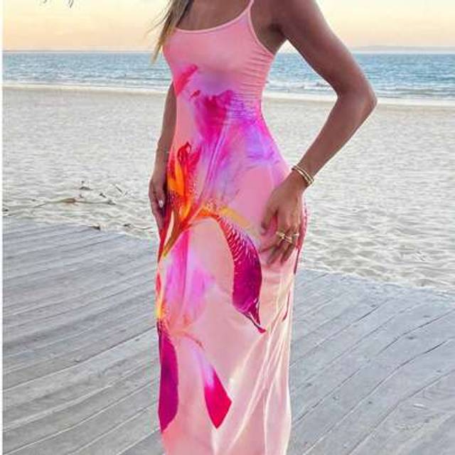 SHEIN Women&#39;s Knit Placement Print Beach Sexy Vacation Spaghetti Strap Dress