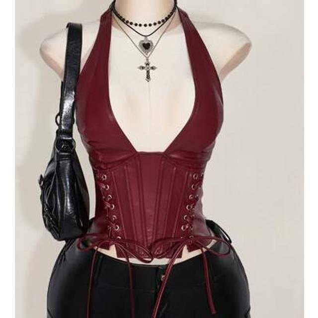 SHEIN Plus Size Women&#39;s Solid Color Simple Casual PU Leather Halter Neck Grommet Decor Tied Tank Y2K Going Out Burgundy V-Neck Off Shoulder Top