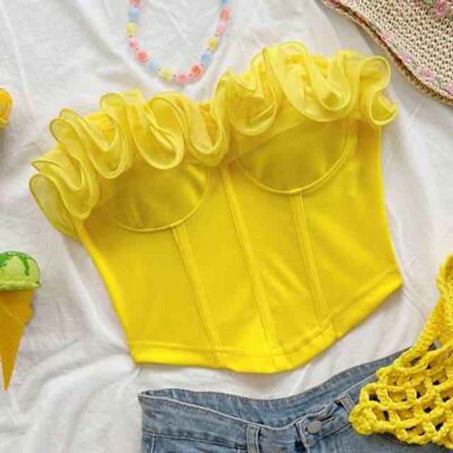 Soleia Romantic Sexy Strapless Ruffle Trim Fitted Crop Top For Holiday, Date, Valentine&#39;s Day, Afternoon Tea Tube Top