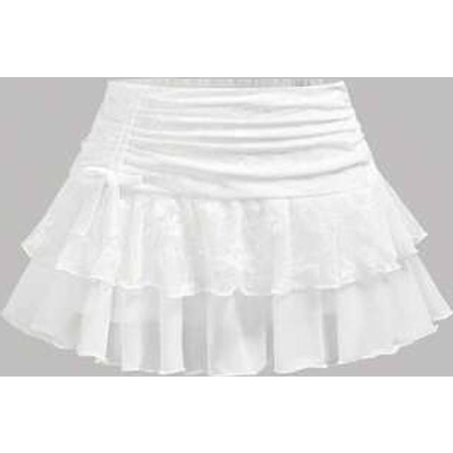 SHEIN Teen Girls White Y2k Summer Spring Outfits Low Waist Lace Mesh Double-Layered Pleated Tie-Up Slit Skirt