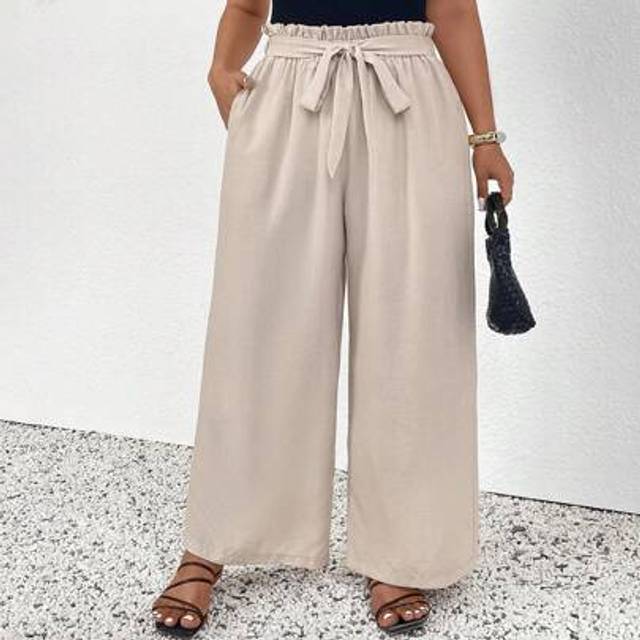 SHEIN Plus Size Women Casual Apricot Straight Leg Pants, Lazy Relaxed Style, Summer,Summer Pants
