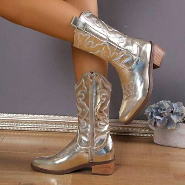 SHEIN Women&#39;s New Retro American Style Embroidered Leather Pointed Toe Western Boots, Side Zipper For Easy On And Off, Stylish Embroidery High Shaft Boots,