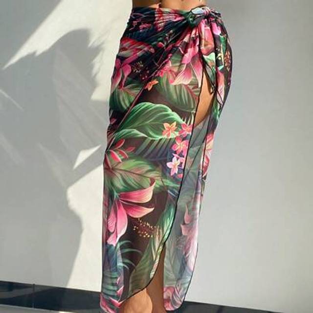 SHEIN Summer Beach Women&#39;s Tie Front Tropical Pattern Cover Up Skirt