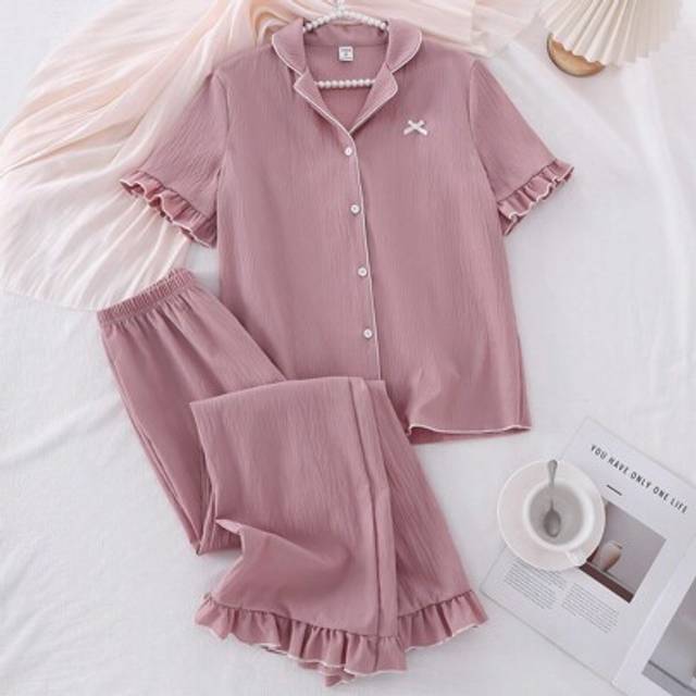 SHEIN Teen Girl Fashion Casual Comfortable Pure White Crinkle Fabric Contrast Ruffle Open Front Short Sleeve & Pants Pajama Set