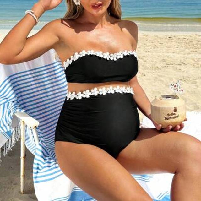 SHEIN Floral Print Pregnant Women&#39;s Sexy Bandeau Bikini Set For Summer Beach Vacation