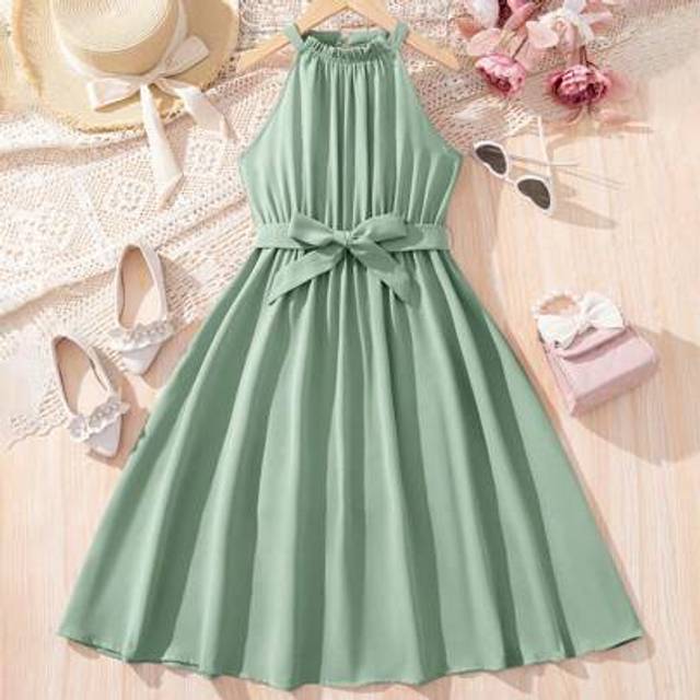 SHEIN Tween Girls Elegant Stand Collar Detachable Belt Ruffled Hem Midi Dress