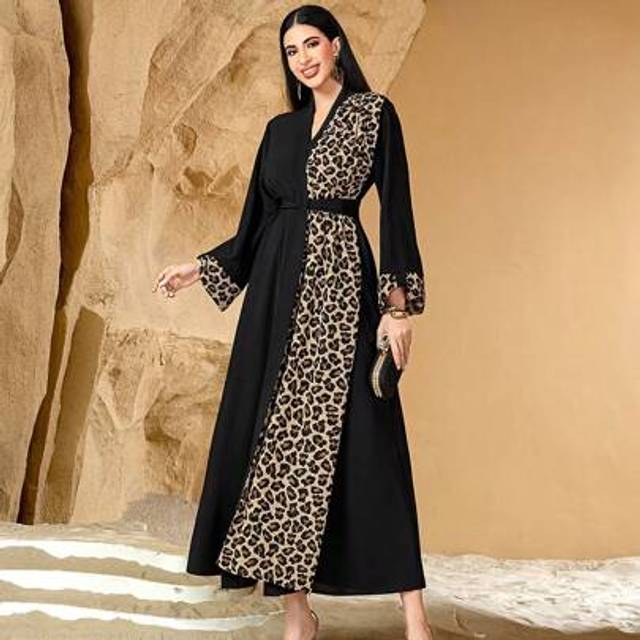 SHEIN Leopard Patchwork Long Sleeve Convertible Long Dress/Robe Abaya, Modest