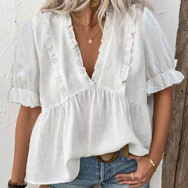 Calvaya Women&#39;s Solid Color V-Neck Puff Sleeve Blouse