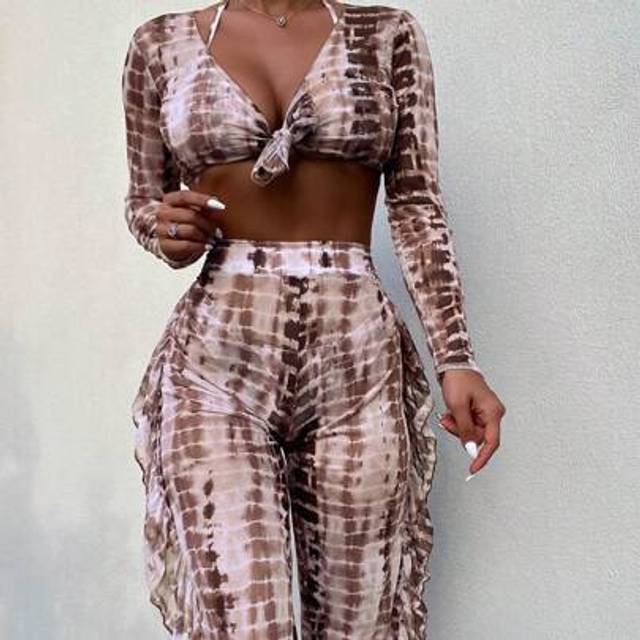 Slaydiva Summer Beach Tie Dye Bikini Set Tie Back Halter Triangle Bra & Bikini Bottom & Cover Up Top & Ruffle Trim Pants 4 Piece Bathing Suit