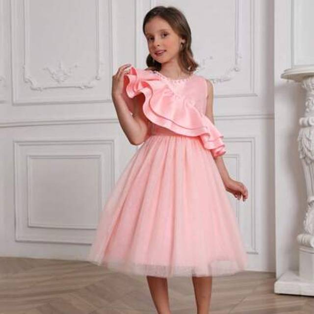 SHEIN Tween Girl High-End Sleeveless Pearl Patchwork Hollow Back Shiny Mesh Tulle Princess Dress, Bridesmaid/Flower Girl Gown Suit For Teenage Wedding