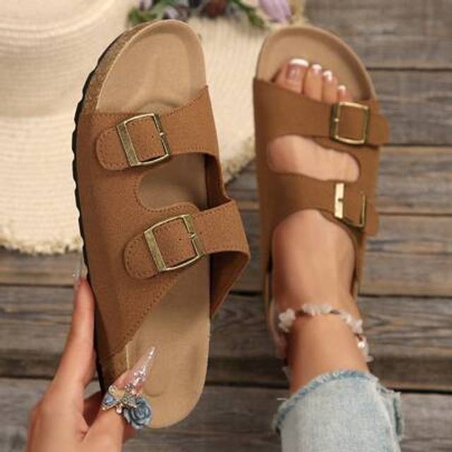 SHEIN Women&#39;s Double Buckle Flat Sandals, Vacation Style Beach Suede Flat Sandals, Summer Women Shoes