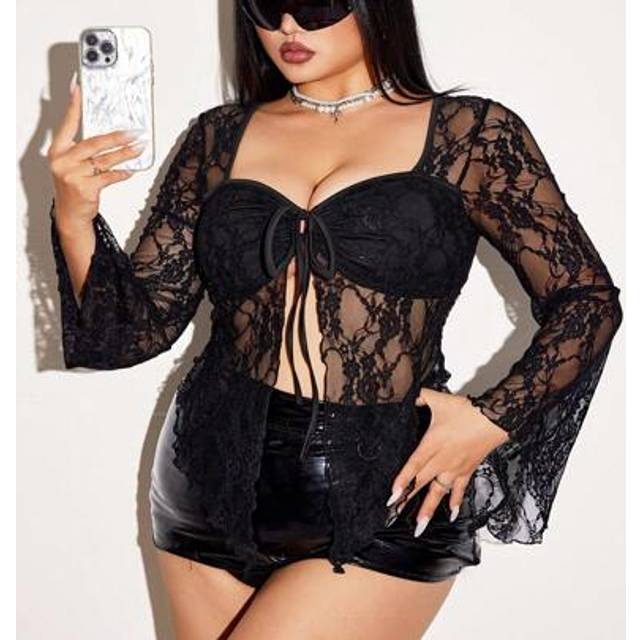 SHEIN Plus Size Lace Bell Sleeve Tie Front Square Neck Blouse