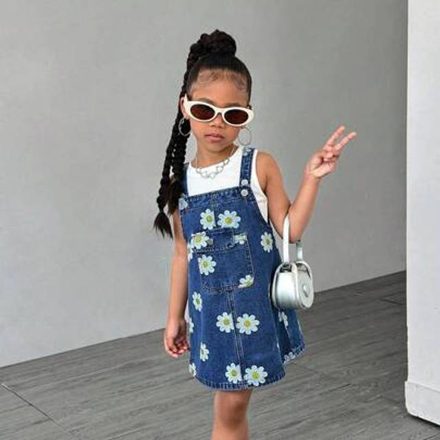 SHEIN Floral Print Denim Dress For Young Girls, Cute And Casual For Daily Wear, Summer