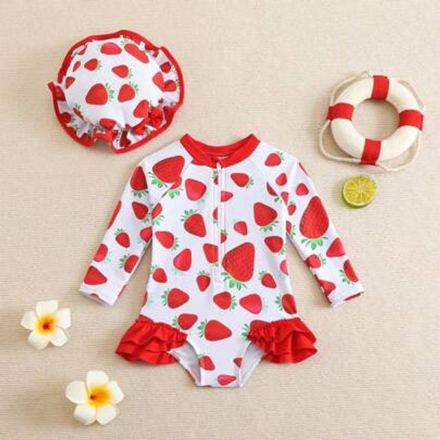 SHEIN 1pc Baby Girl Strawberry Print One-Piece Swimsuit With Hat