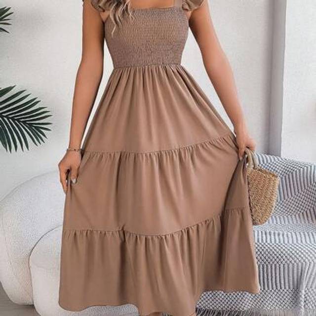 SHEIN New Solid Color Squared Collar Casual Backless Ruffle Hem Sleeveless Midi Dress, Khaki, Spring/Summer