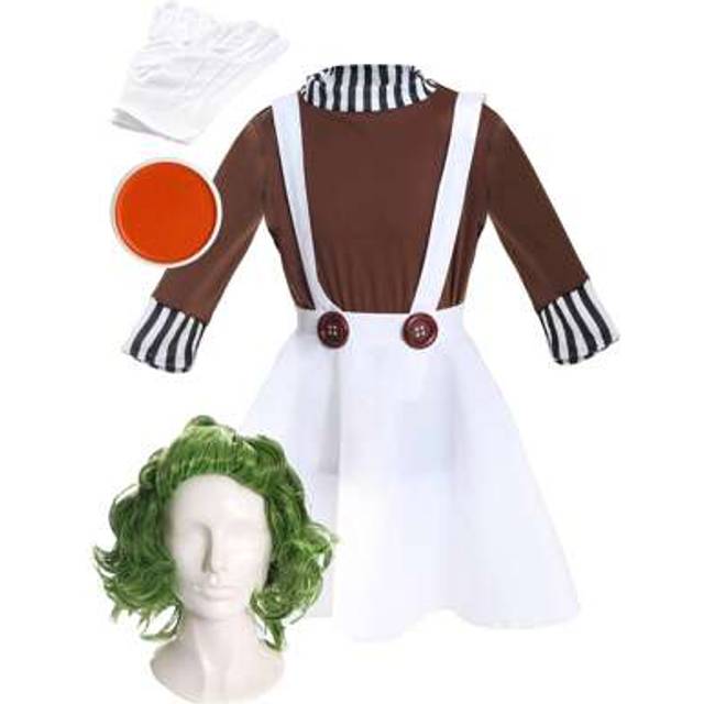 SHEIN Girls Factory Worker Costume World Book Day Fancy Dress Outfit Girls Kids Oompa Loompa Umpa Lumpa Deluxe Costume White Dungarees Dress With Brown Long