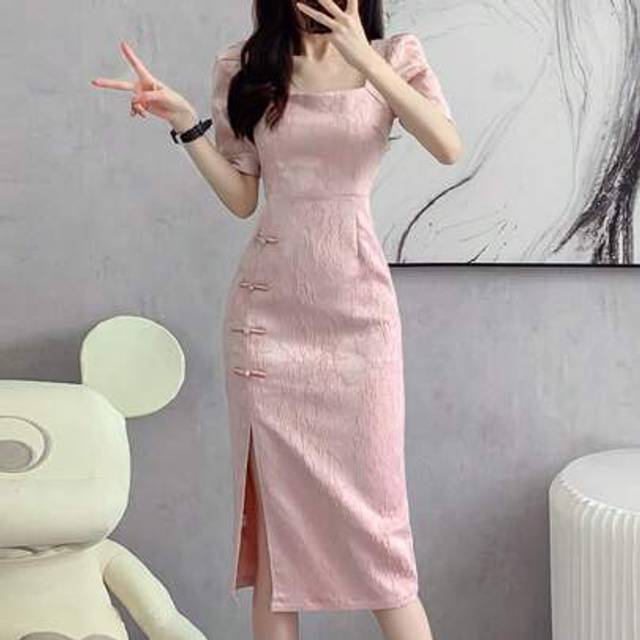 SHEIN Summer New Chinese Style Slim Elegant Square Neck Dress Women Traditional Frog Button Split Flare Tea Party Cheongsam Midi Dress