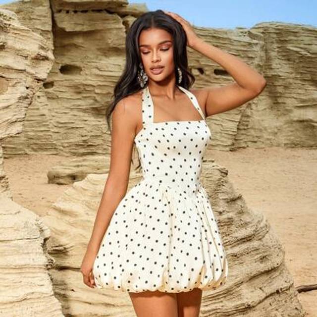 SHEIN Women Polka Dot Print Halter Backless Puffball Party Cocktail Dress, Wedding Guest Dress