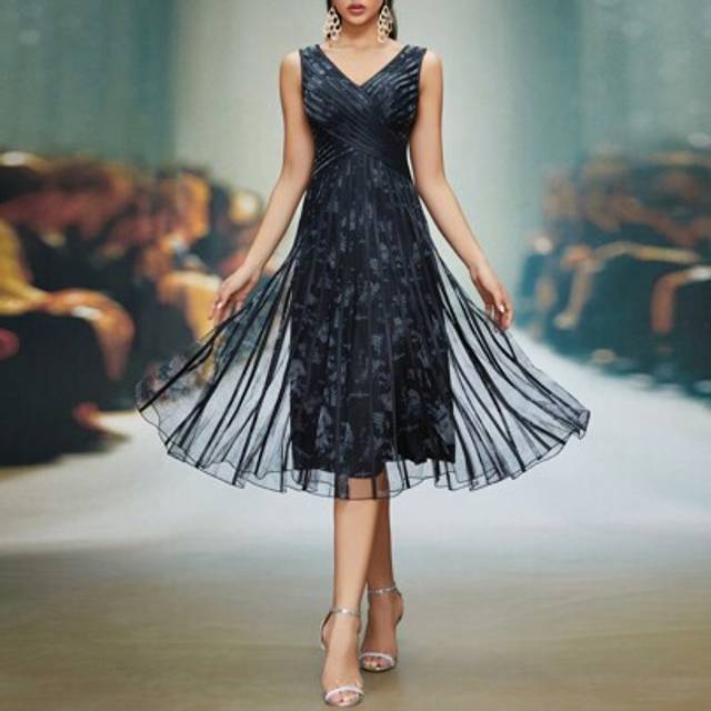 SHEIN V-Neck Criss-Cross Floral Printed Mesh A-Line Formal Dress, Wedding Event Dress Party Dress Wedding Guest Dress Evening Dress
