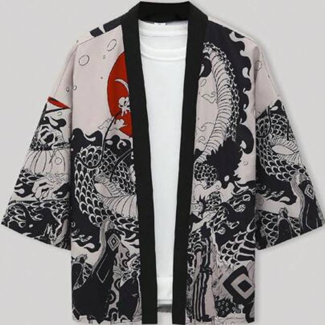 SHEIN Men&#39;s Autumn Kimono/Cardigan With Cartoon-Style Red Moon & Dragon Pattern Design
