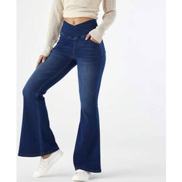 SHEIN Bell Bottom Jeans For Women High Waisted Stretchy Flare Jeans Pull On Wide Leg Jeans V Cross Tummy Control Flare Pants