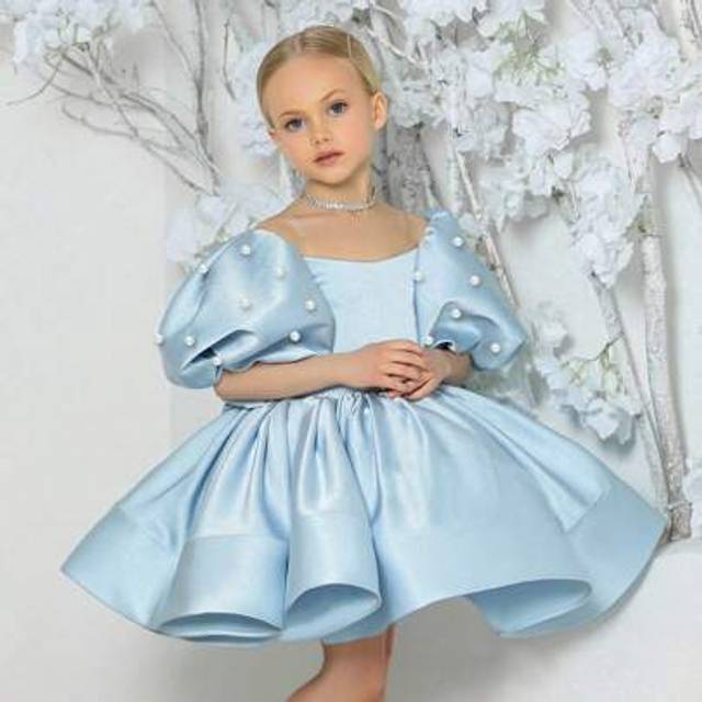 SHEIN Tween Girls Pearl Puff Sleeve Bow Graduation Party Light Blue Elegant Princess Dress, Suitable For Girls Dresses Birthday Party Gift, Prom Dresses, We