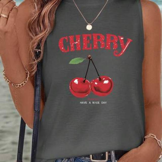 SHEIN CHERRY Casual Fruit Print Sleeveless Tank Top For Women, Suitable For Summer