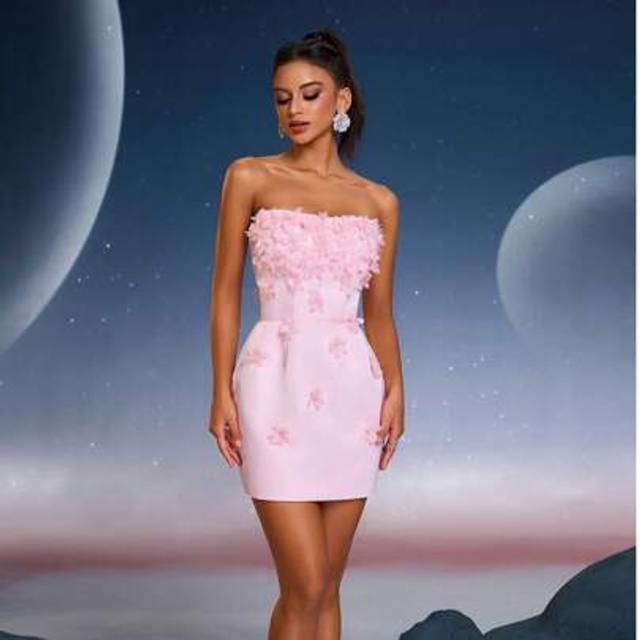 SHEIN Anymoon Cute Pink 3D Hand Floral Decor Formal Prom Dress Suitable For Graduations, Homecomings, Parties, Cocktail Parties And Wedding Event, Party Dre