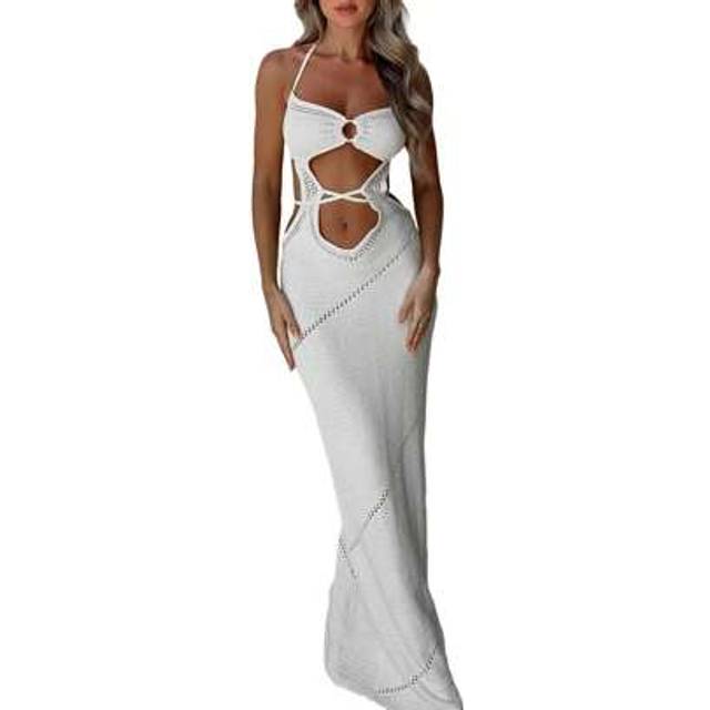 SHEIN Women&#39;s Summer Beachwear Bikini Cover Ups Crochet Knit Long Maxi Dress Sleeveless Knitted Halterneck Front O-Ring Cutout Tie-Up Bodycon Slim Fitte Bea
